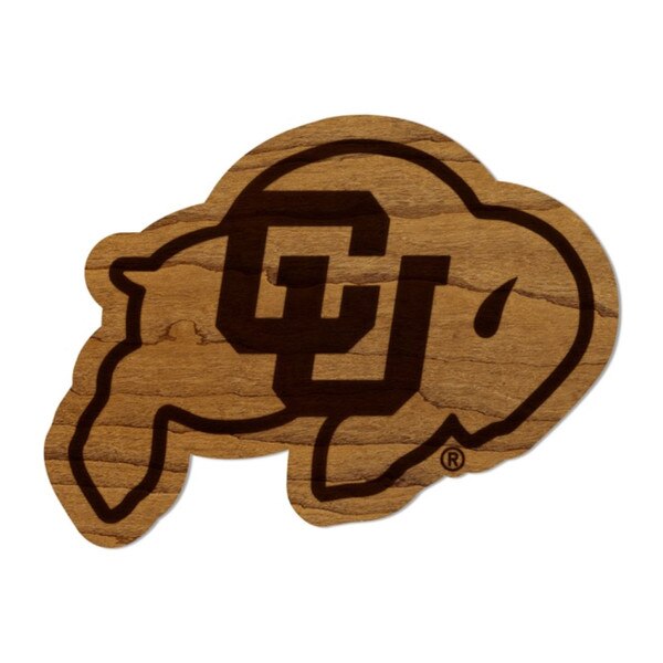 CU Buffaloes logo etched into cherry wood in the shape of a buffalo with visible natural grain.